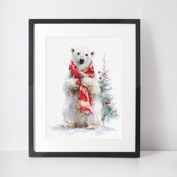 Watercolor Polar Bear with Red Scarf Portrait Wall Art Print Poster, Unframed - Picture 3 of 5